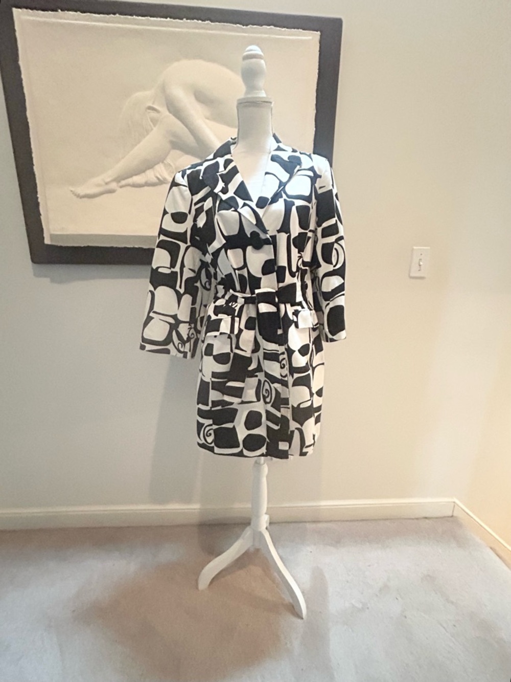 Alfani Black and White Geometric Tie-Waist Trench Coat